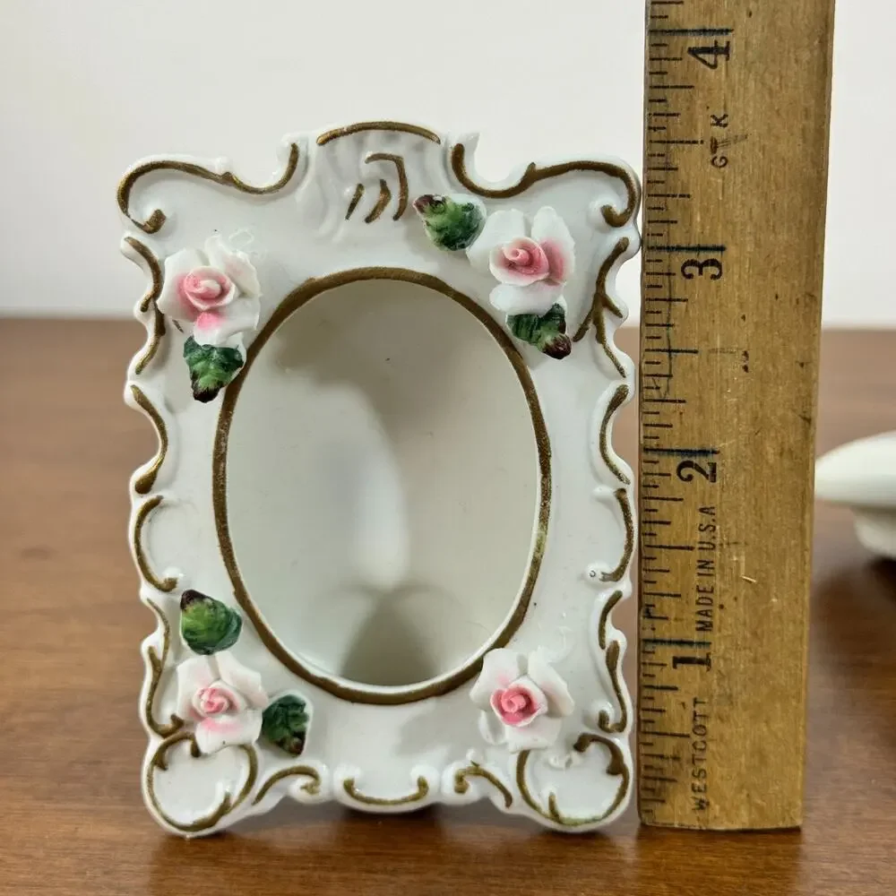 Vintage Lefton Porcelain Small Picture Frame White With Pink Raised Flowers